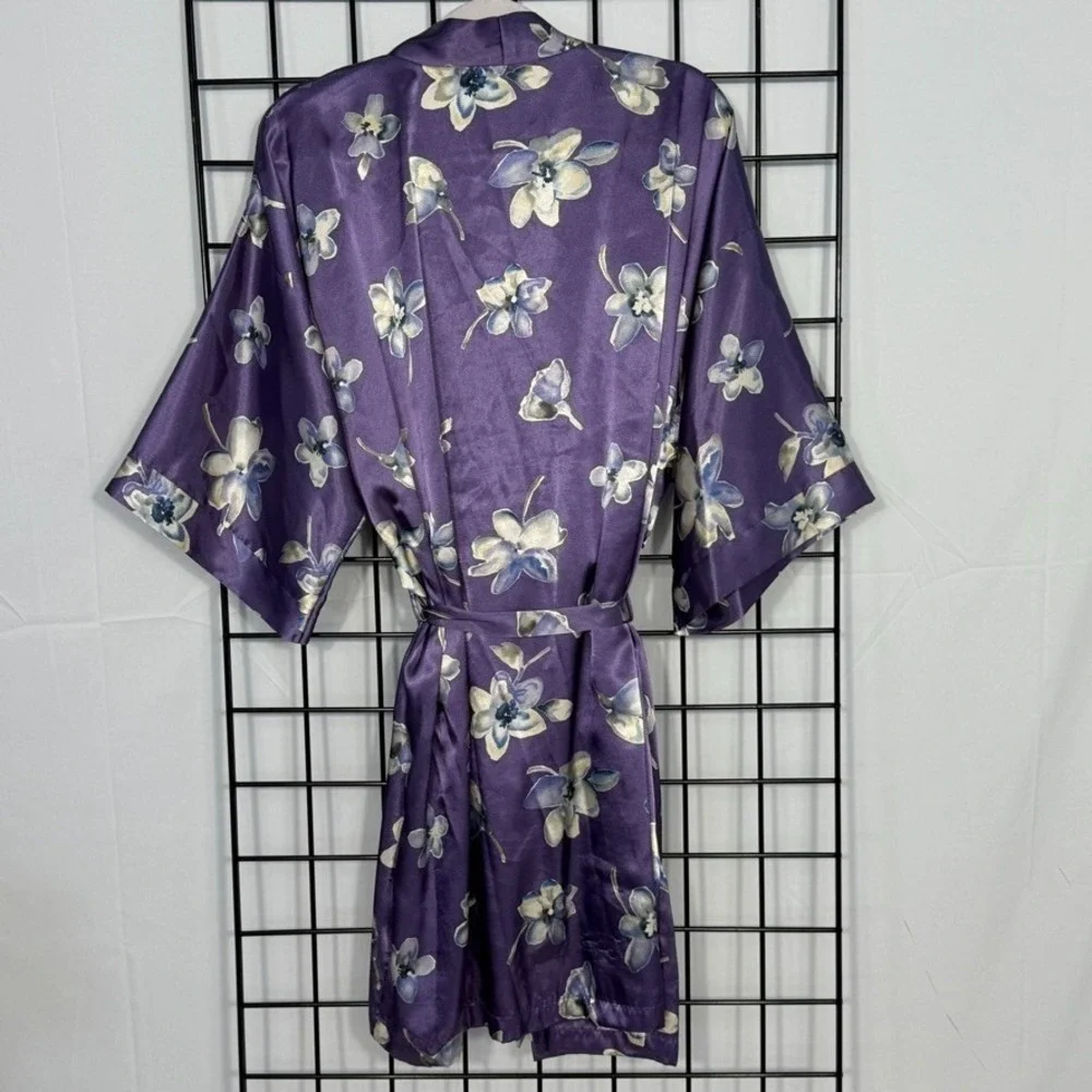 Vintage Inner Most Floral Dressing Gown Robe M/L Purple 80s Satin Travel